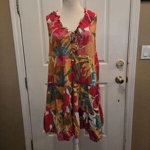 Resort Sundress Dress Tropical Floral Print XL Boho Free Destination Pink Vacay